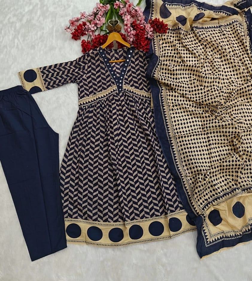 designer navy cotton suit with dupatta comfortable festive look - WishTown Fashion Club