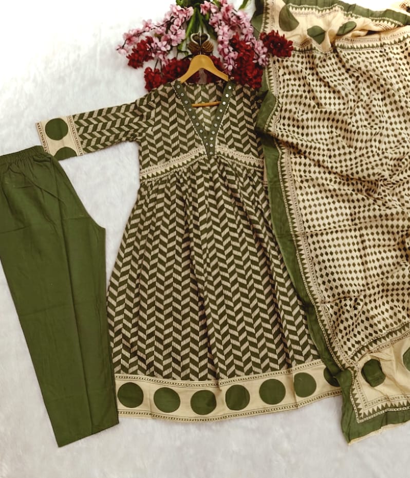 olive green kurti set with plazzo and dupatta soft fabric ethnic style - WishTown Fashion Club