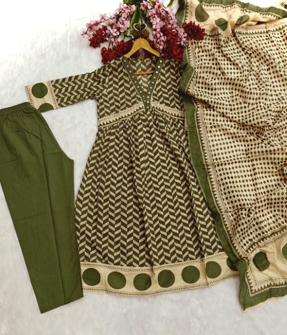 olive green kurti set with plazzo and dupatta soft fabric ethnic style - WishTown Fashion Club