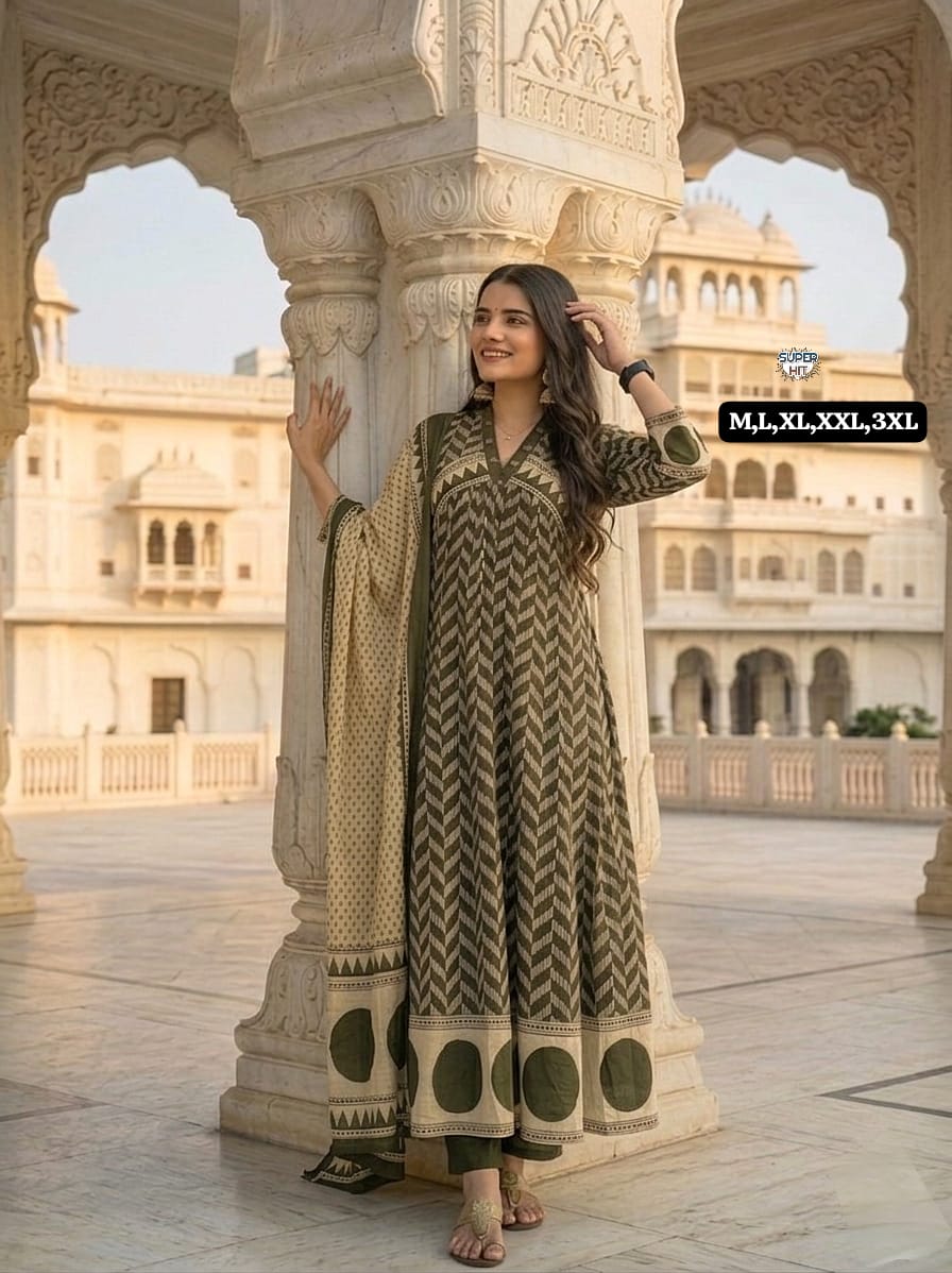 olive green kurti plazzo set with dupatta cotton fabric elegant ethnic wear - WishTown Fashion Club