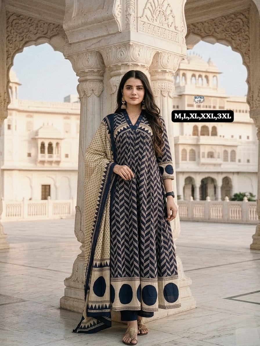navy kurti plazzo set with dupatta cotton fabric elegant outfit - WishTown Fashion Club