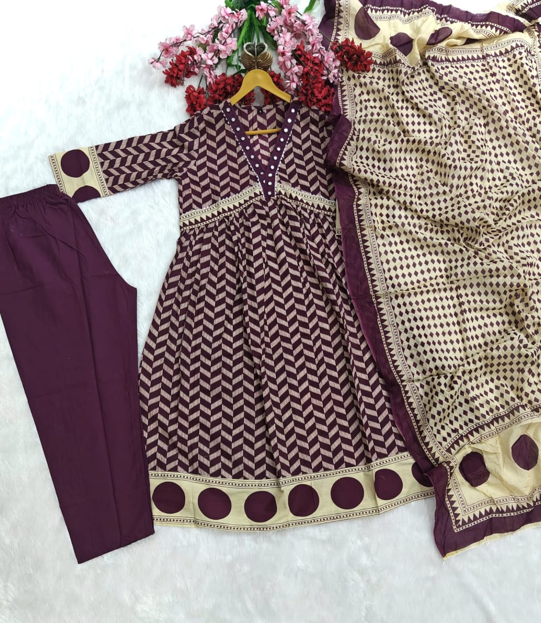 designer wine cotton suit with dupatta comfortable and graceful look - WishTown Fashion Club