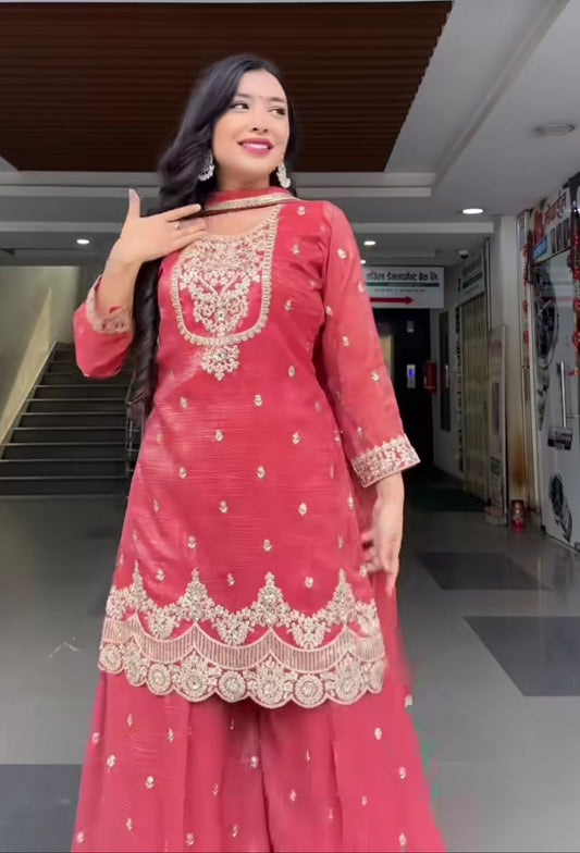 red sharara set with heavy crunchy silk top and sequence embroidery festive wear - WishTown Fashion Club