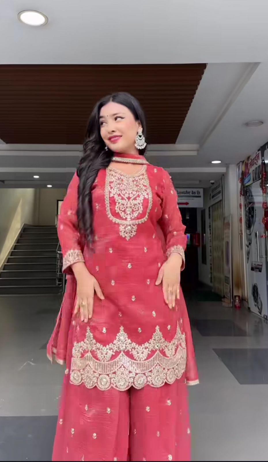 red designer sharara plazzo set with embroidered top and silk dupatta party outfit - WishTown Fashion Club