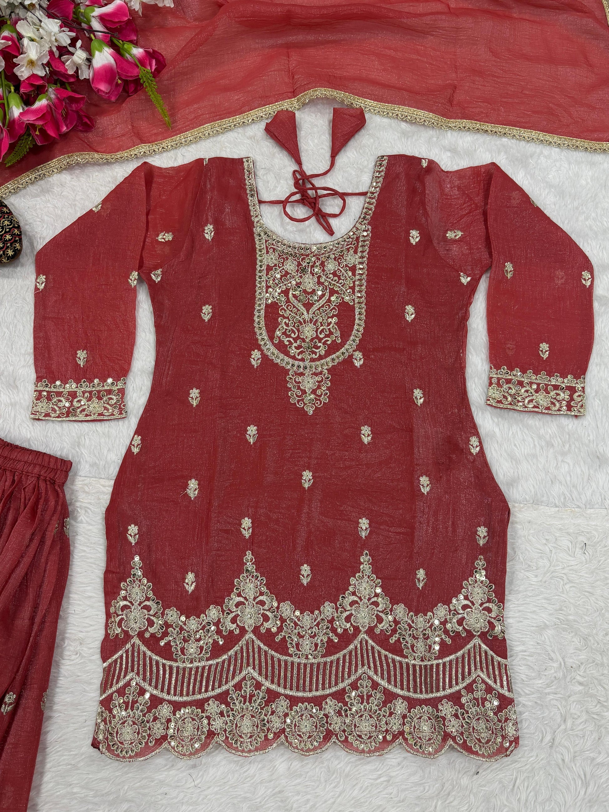 red ethnic sharara set with full sleeves top and lace border dupatta elegant look - WishTown Fashion Club