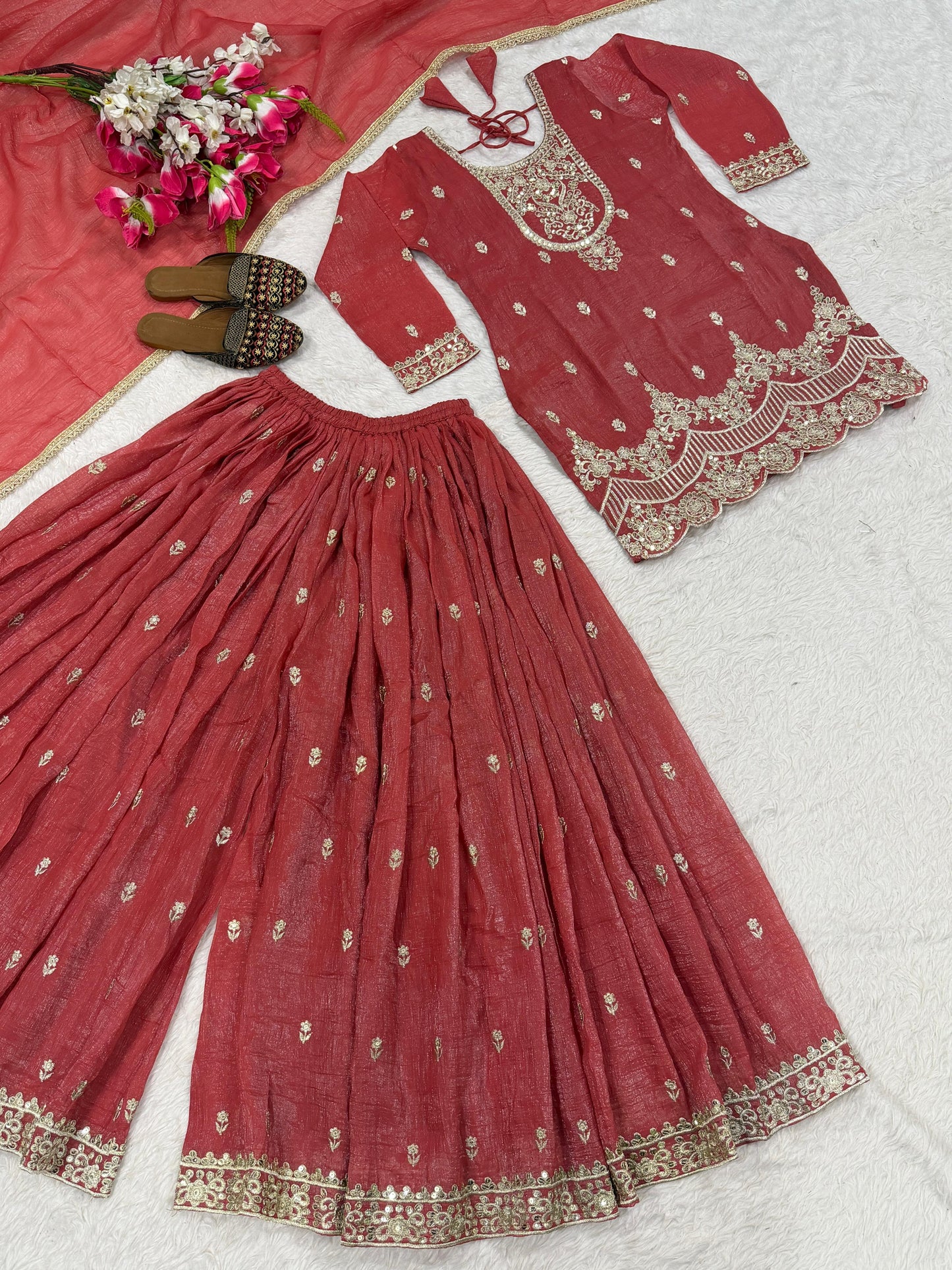 red sharara outfit with sequence work and flowy plazzo stylish festive wear - WishTown Fashion Club