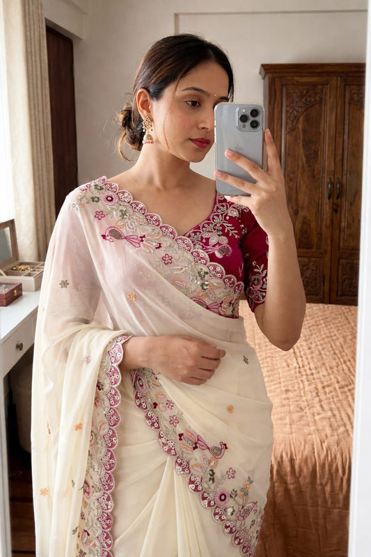 : off white georgette saree with heavy sequins embroidery elegant party wear - WishTown Fashion Club