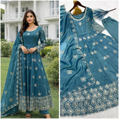 blue anarkali gown set with gold crush silk and heavy embroidery party wear - WishTown Fashion Club