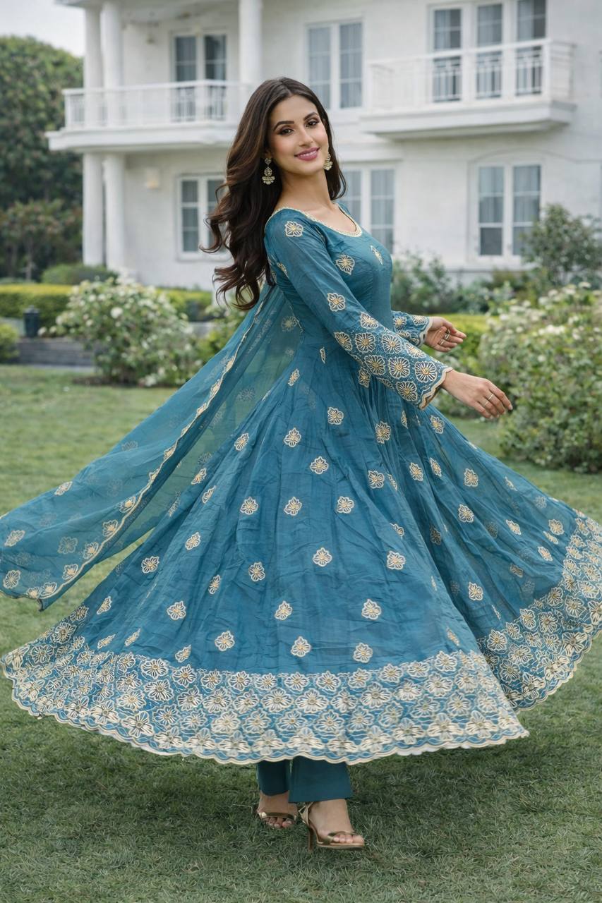 blue designer gown with sequence work and 3 meter flare elegant outfit - WishTown Fashion Club