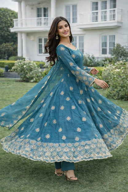 blue designer gown with sequence work and 3 meter flare elegant outfit - WishTown Fashion Club