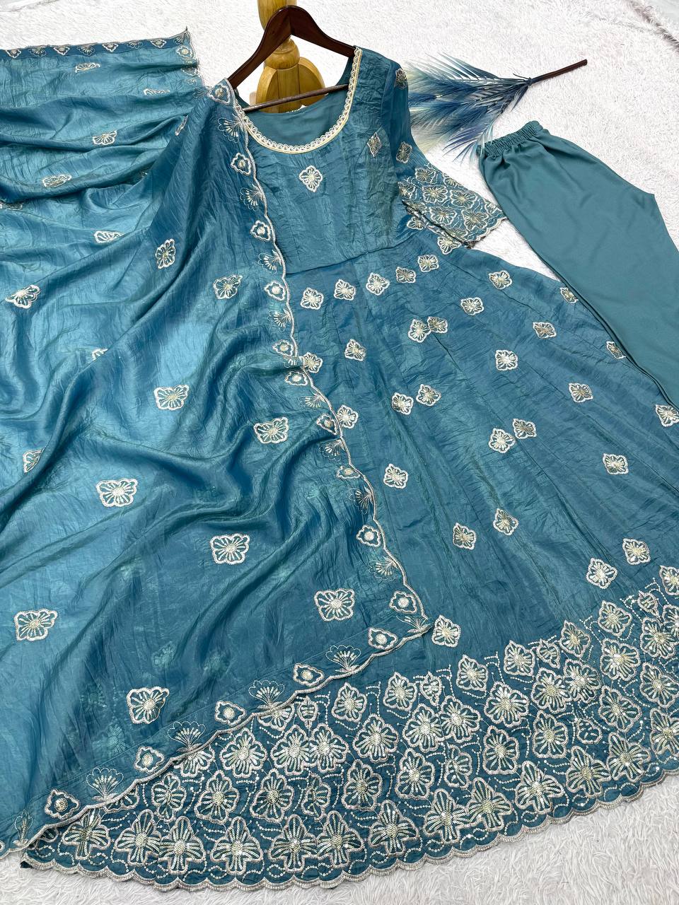 blue anarkali set with embroidered dupatta and stylish festive look - WishTown Fashion Club