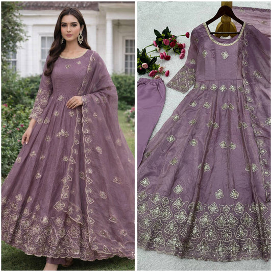 purple anarkali gown set with gold crush silk and heavy embroidery festive wear - WishTown Fashion Club