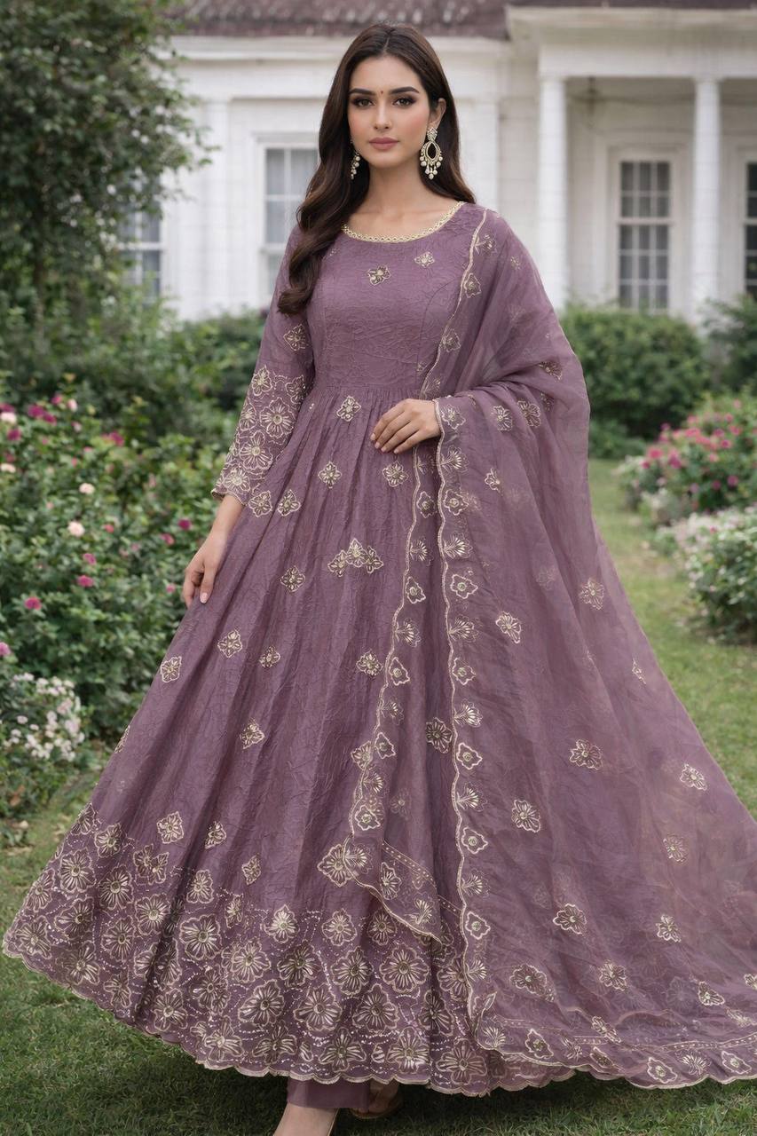 purple anarkali set with embroidered dupatta and full sleeves work festive look - WishTown Fashion Club