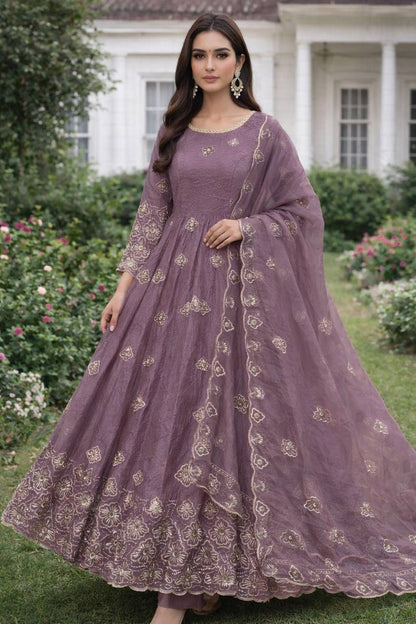 purple anarkali set with embroidered dupatta and full sleeves work festive look - WishTown Fashion Club
