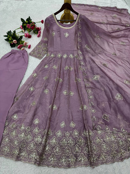 purple designer gown with sequence work and flowy flare elegant party outfit - WishTown Fashion Club