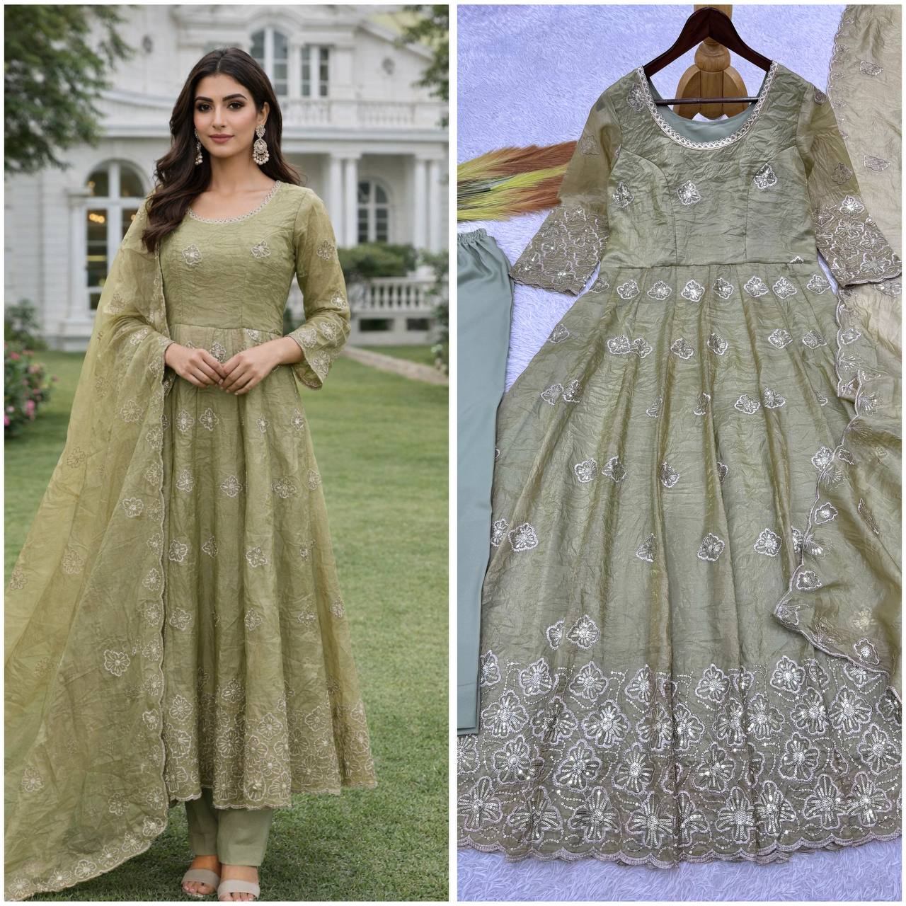 sage green designer gown with sequence work and flowy silhouette festive outfit - WishTown Fashion Club