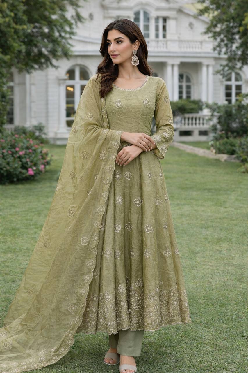 sage green anarkali gown set with gold crush silk and heavy embroidery elegant wear - WishTown Fashion Club