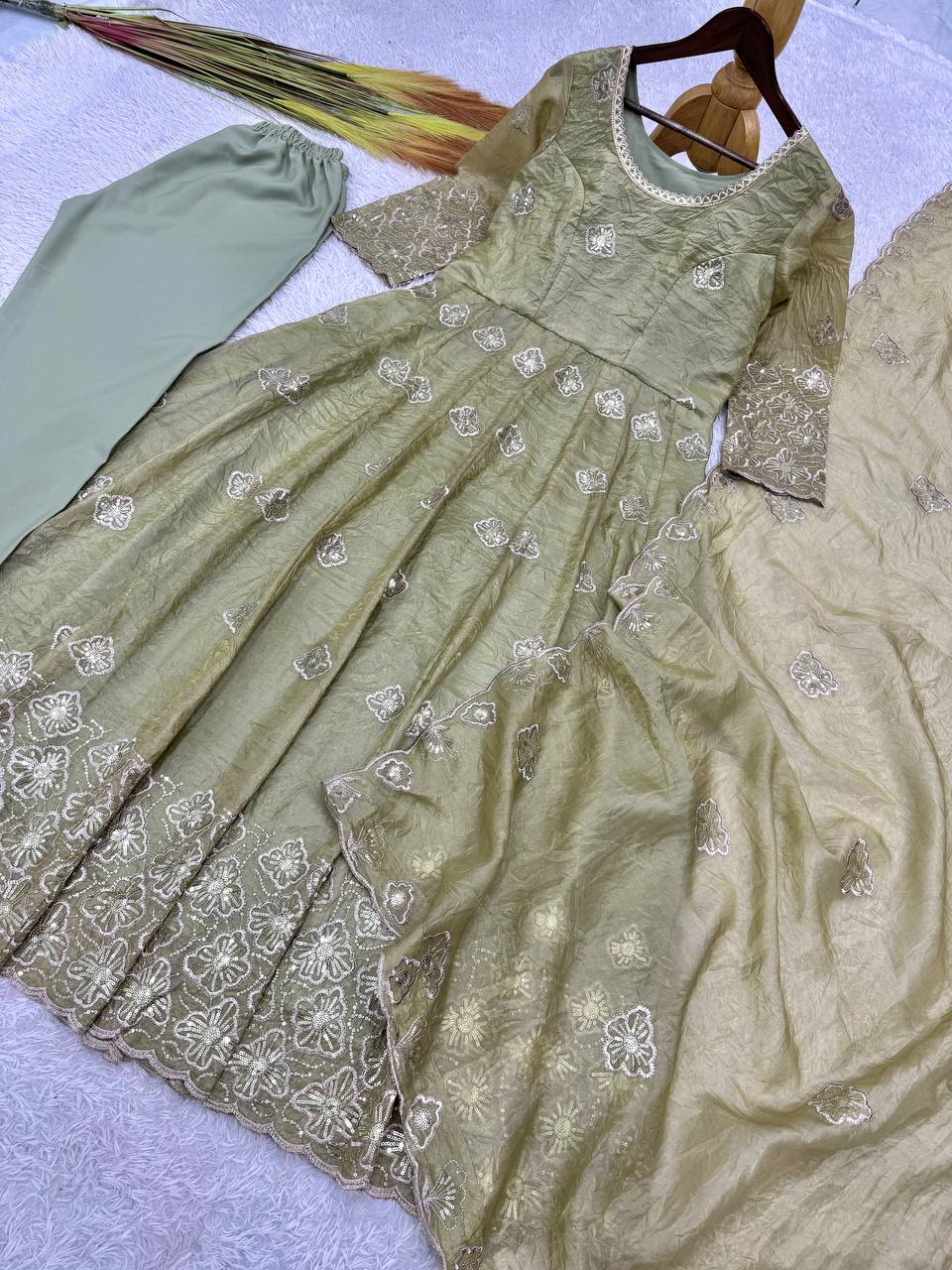 sage green anarkali set with embroidered dupatta and stylish party wear look - WishTown Fashion Club