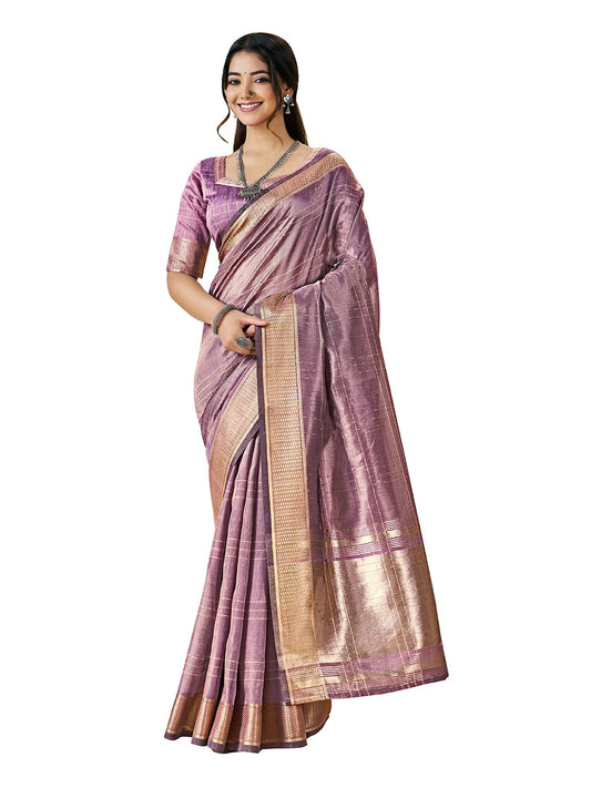 purple linen cotton silk saree with gold zari weaving and self design elegant wear - WishTown Fashion Club