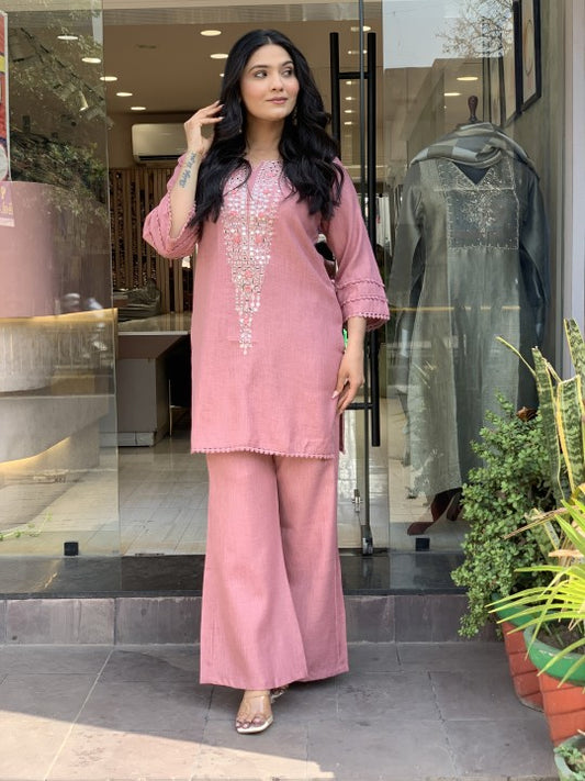 pink cotton flex co ord set with mirror embroidery stylish work wear - WishTown Fashion Club