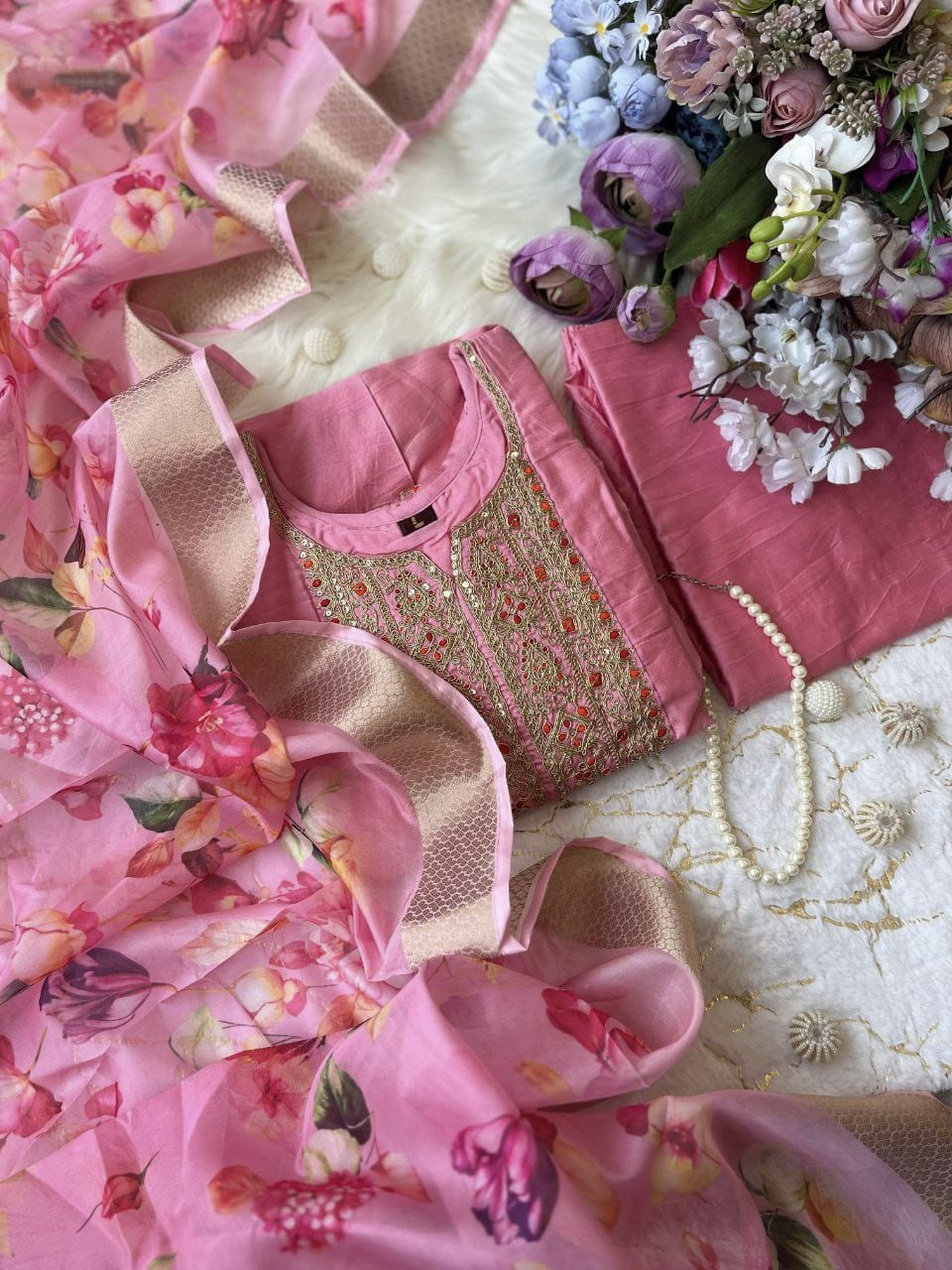 Anarkali flared kurti pant dupatta set