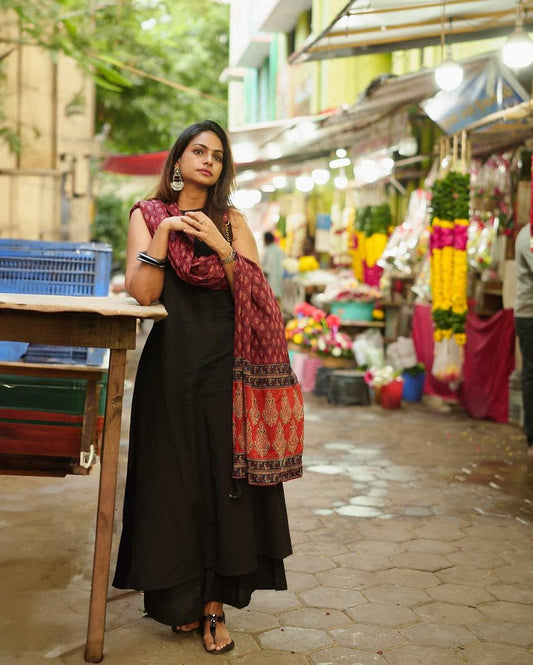 black handloom cotton a line kurti set with plazzo and mulmul dupatta elegant wear - WishTown Fashion Club