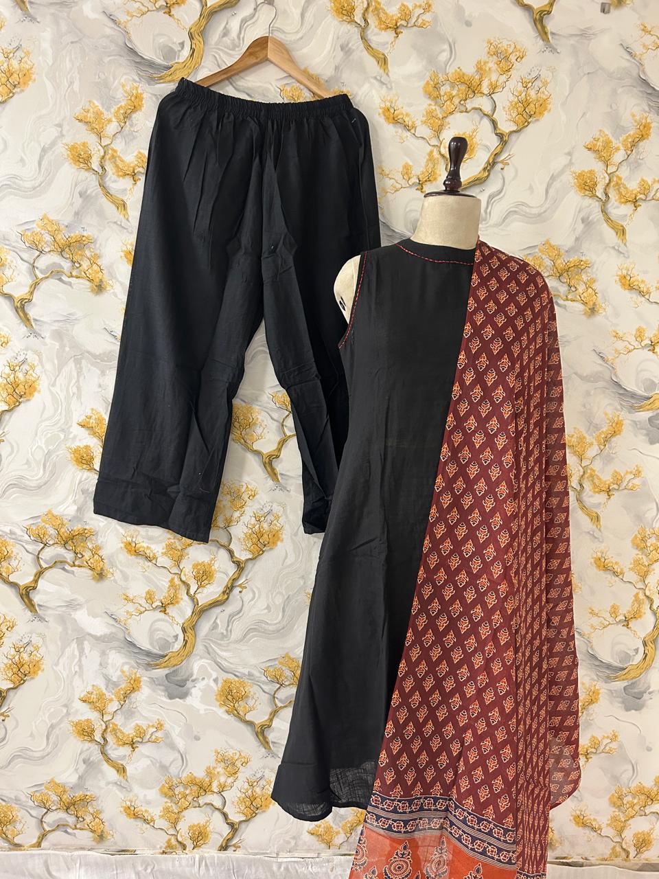 black cotton kurti plazzo set with mulmul dupatta minimal ethnic look - WishTown Fashion Club