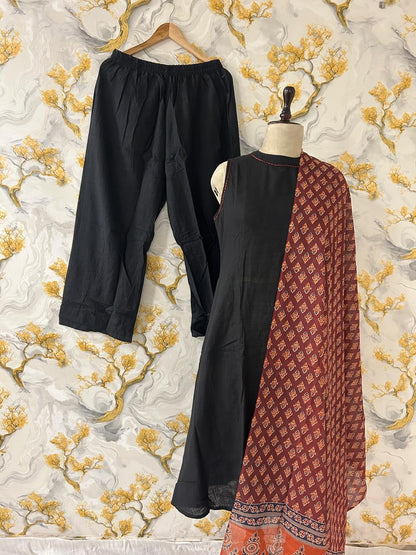 black cotton kurti plazzo set with mulmul dupatta minimal ethnic look - WishTown Fashion Club