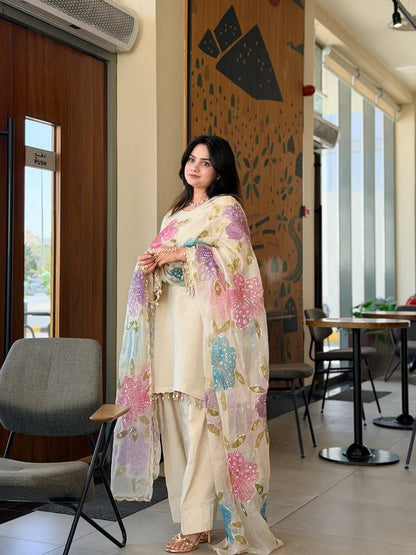 off white farsi salwar suit with heavy embroidery and lace detail top stylish outfit - WishTown Fashion Club