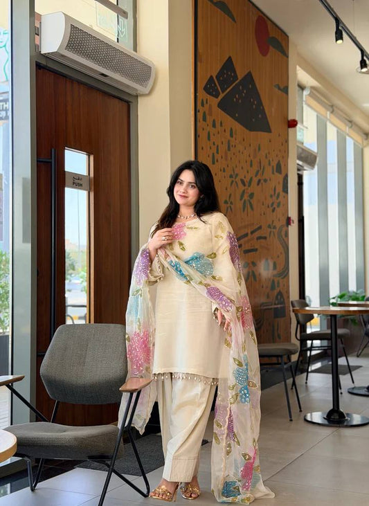 off white farsi salwar set with embroidered top and organza dupatta party wear - WishTown Fashion Club