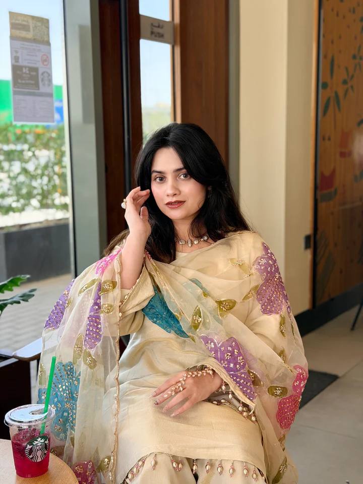 off white designer outfit with lace work top and stylish farsi salwar festive look - WishTown Fashion Club
