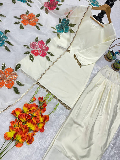 off white ethnic set with embroidered dupatta and elegant party wear design - WishTown Fashion Club