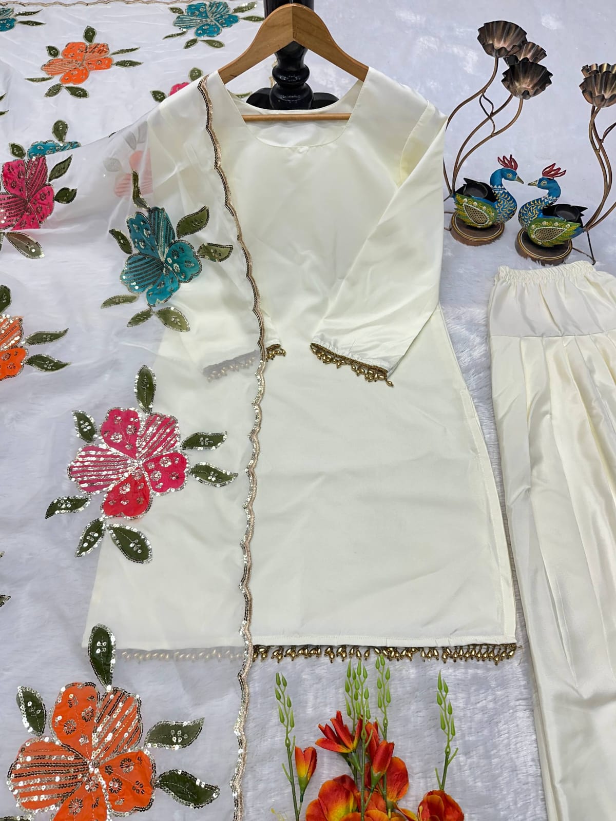 off white party wear set with organza dupatta and rich embroidery elegant look - WishTown Fashion Club