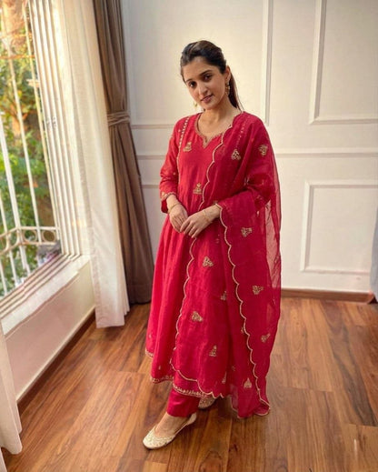 red mul chanderi suit set with embroidered neck and matching dupatta festive wear - WishTown Fashion Club