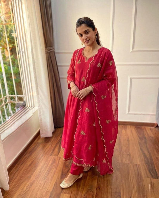 red mul chanderi suit set with embroidered neck and matching dupatta festive wear - WishTown Fashion Club