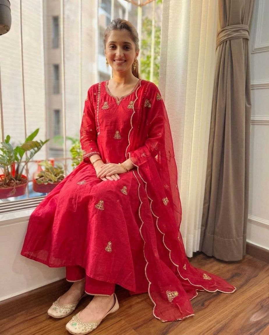 designer red suit set with mul chanderi fabric and stylish dupatta ethnic look - WishTown Fashion Club