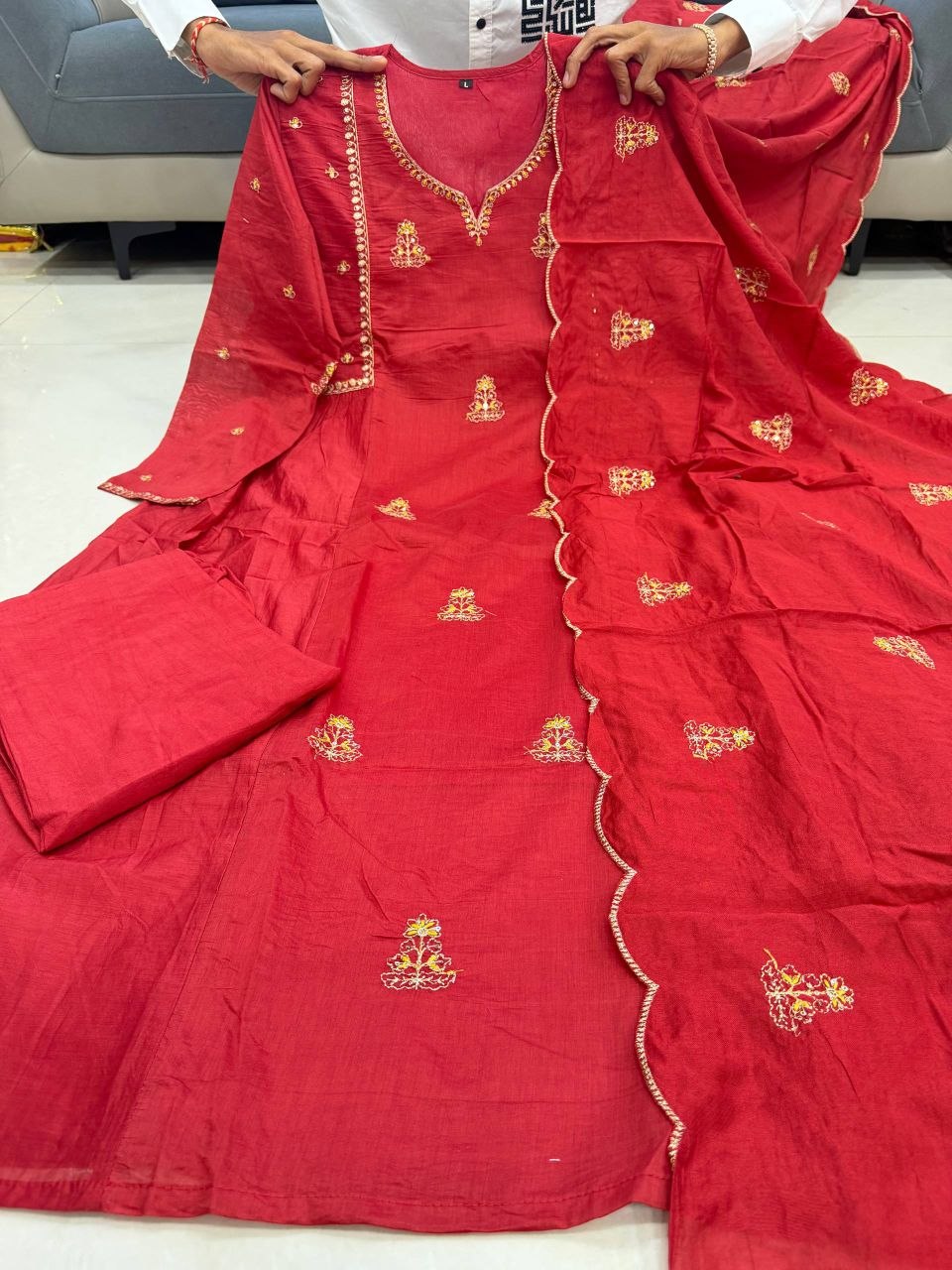 red chanderi suit with hand embroidery work and printed design elegant outfit - WishTown Fashion Club