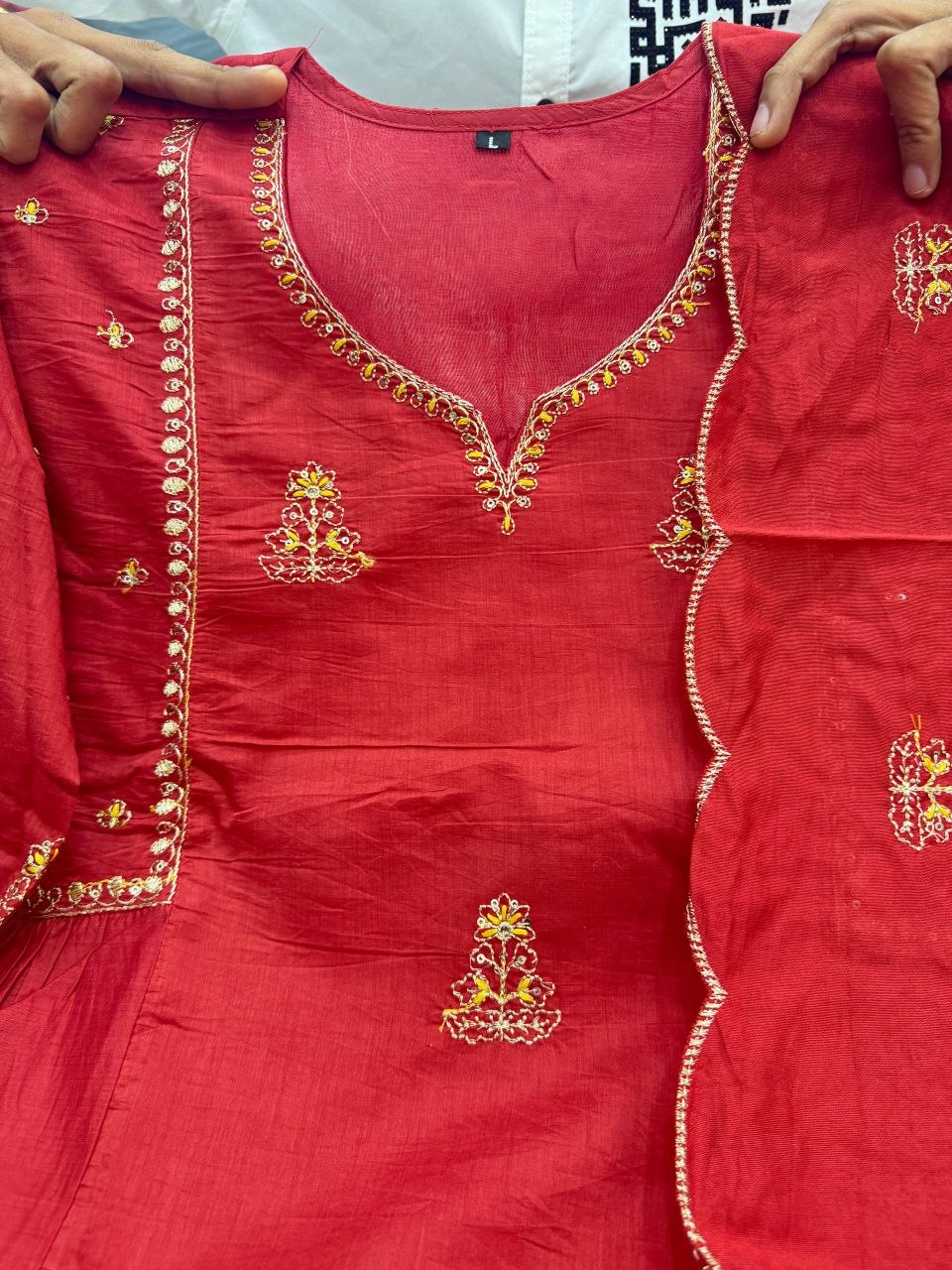 red chanderi suit set with embroidery neck detail and matching pant festive outfit - WishTown Fashion Club