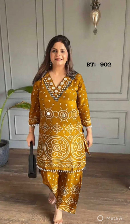 mustard yellow chinon coord set with mirror work and lace sleeves festive outfit - WishTown Fashion Club