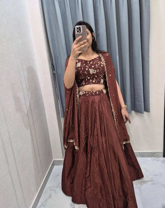 brown chinnon silk lehenga with jacket style dupatta and heavy flare wedding wear - WishTown Fashion Club
