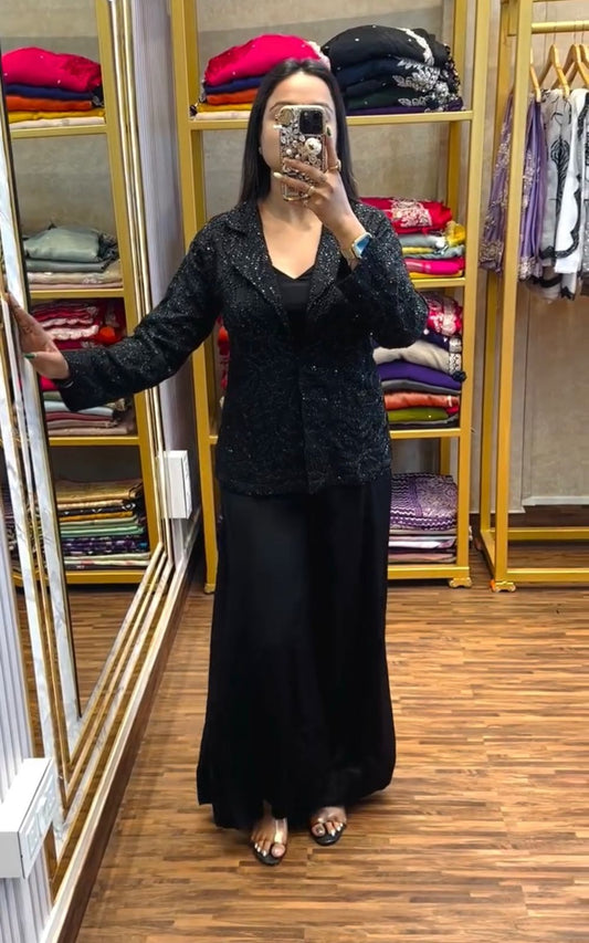 black shrug plazzo set with embroidery cording work and stylish blouse party wear - WishTown Fashion Club