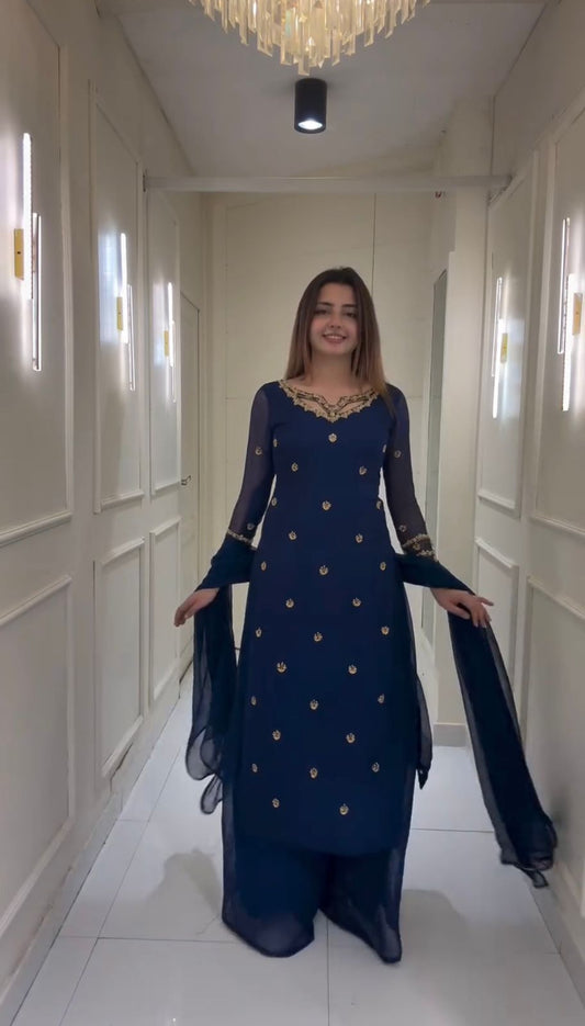 navy blue georgette kurti plazzo set with embroidery and cut work festive wear - WishTown Fashion Club