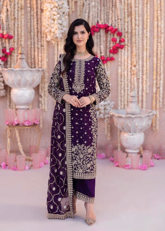 purple georgette suit set with sequence and bead embroidery festive wear - WishTown Fashion Club