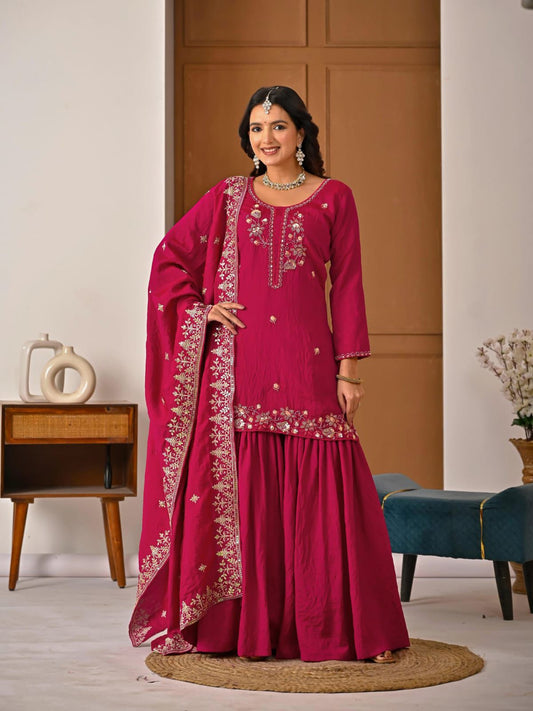 dark pink sharara set with vichitra fabric and hand work embroidery party wear - WishTown Fashion Club