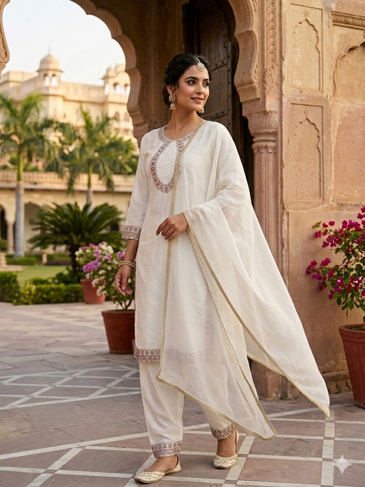 White traditional embroidered top pant set with fancy lace dupatta for women - WishTown Fashion Club