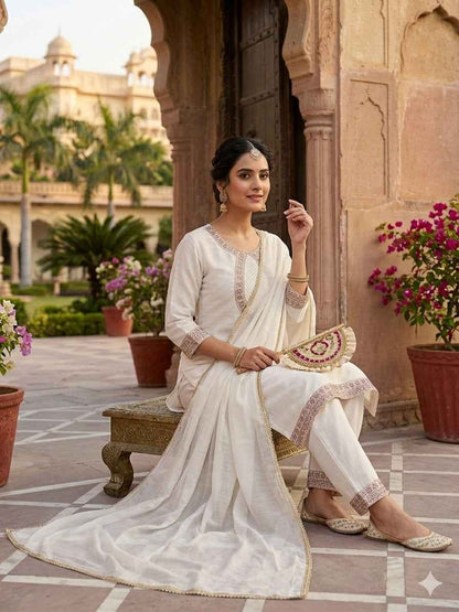 Designer Roman Silk Top Pant Dupatta Set