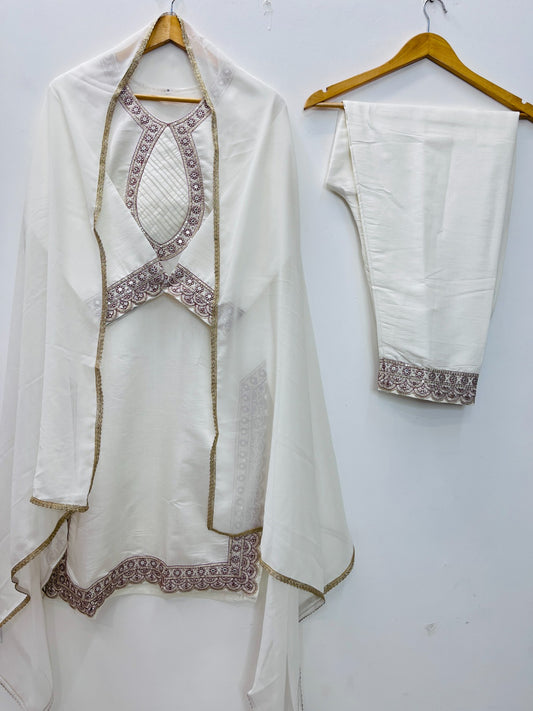 White party wear Roman silk pant suit with sequence embroidery and georgette dupatta - WishTown Fashion Club