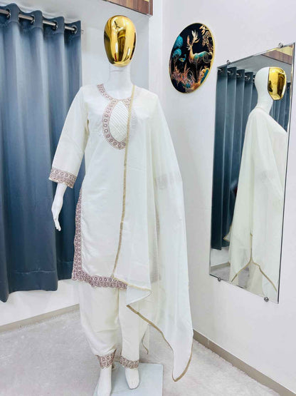Designer Roman Silk Top Pant Dupatta Set