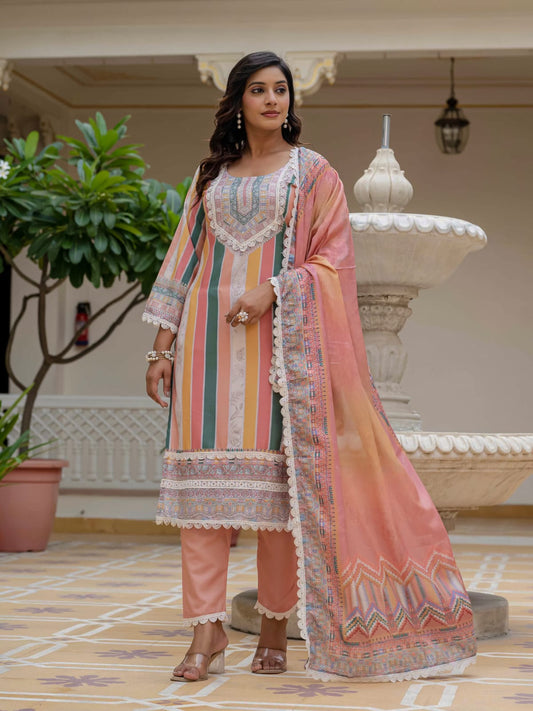 Peach rayon slub printed kurta pant set with Chinon dupatta and cotton lace detailing - WishTown Fashion Club
