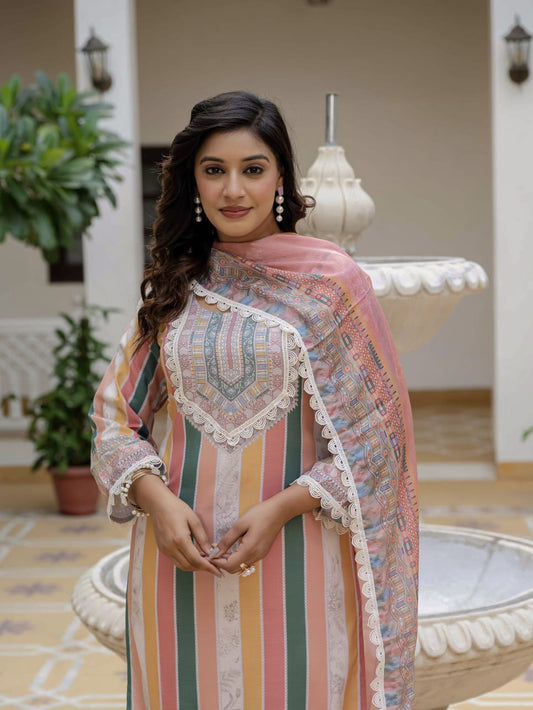 Peach ethnic kurta pant dupatta set with digital print and lace border dupatta - WishTown Fashion Club
